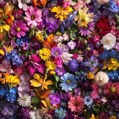 Multi-colored flower summer wall background with red,orange,pink,purple,green and white violet and chrysanthemum flowers ,Wedding decoration