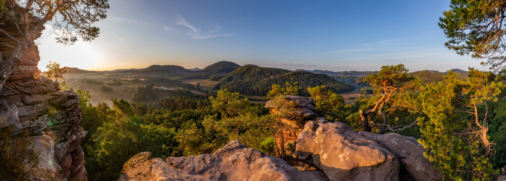 Panorama of Dahn Rockland in Early Morming Atmosphere, Dahner Felsenland, Rhineland-Palatinate, Germany, Europe
