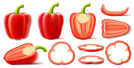 WebSet of fresh ripe bell peppers isolated on white background. Whole, halved and cut veg pieces, circles and stems. Raw vegetables. Sweet paprika. Realistic 3d vector illustration.