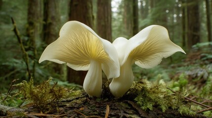 Two white mushrooms in forest, mossy ground, nature background, nature photography