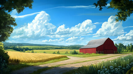 Scenic Red Barn Surrounded by Green Fields and Blue Sky