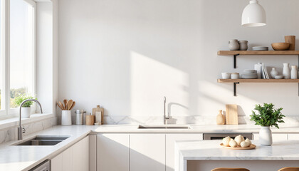 Minimalist kitchen with pristine white counters, contemporary design