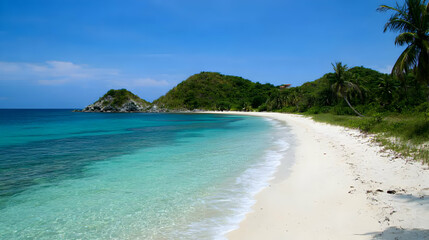 Fototapeta premium Serene Tropical Beach with Clear Water and Lush Green Hills