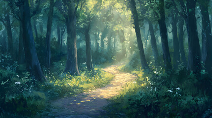 Obraz premium Tranquil Sunlit Pathway Through Lush Forest with Soft Light