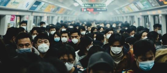 Busy Commuters Wearing Protective Masks on a Crowded Subway Train