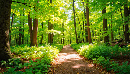 Obraz premium Lush forest pathway inviting exploration, serene natural landscape