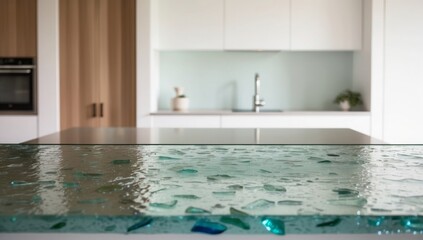 Recycled glass countertop, clean and minimalistic eco-conscious kitchen backdrop, blue and green glass shards.