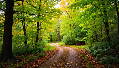 Fototapeta premium Scenic forest trail winding through vibrant autumn trees, nature's calm