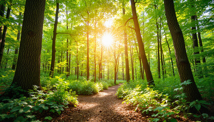 Obraz premium Sunlight filtering through forest trail, serene nature