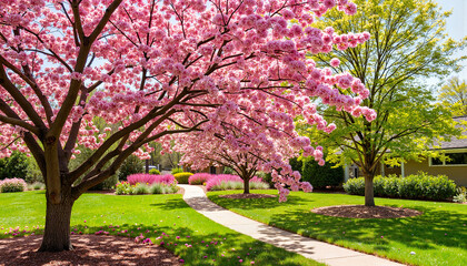 Naklejka premium Blooming cherry trees in vibrant garden pathway, spring celebration