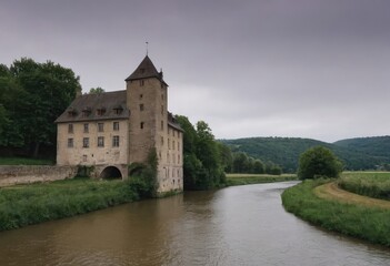 A large stone building is situated right on the shore of a river