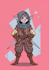 Obraz premium Fantasy goblin rogue character with cloak and daggers on geometric pink background