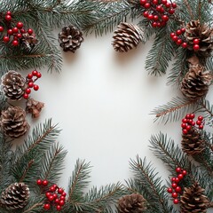 Frame of Fir Branches, Pine Cones, and Red Berries. Copy Space. Mockup