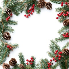 Frame of Fir Branches, Pine Cones, and Red Berries