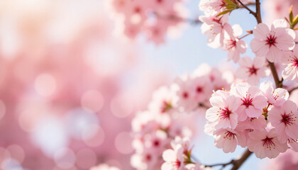 Wind-blown cherry blossoms in ethereal light, nature&rsquo;s beauty