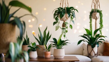 Fototapeta premium Houseplants thrive in a cozy living room, naturally filtering the air and creating a refreshing, sustainable atmosphere full of life.