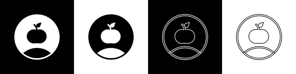 Set Apple icon isolated on black and white background. Excess weight. Healthy diet menu. Fitness diet apple. Vector