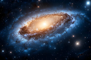 Fototapeta premium Majestic Spiral Galaxy in Deep Space with Brilliant Stellar Clusters and Cosmic Dust