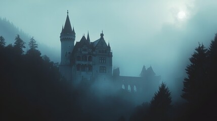 Vintage poster of a castle in the mist with gothic elements and classic dark tones.