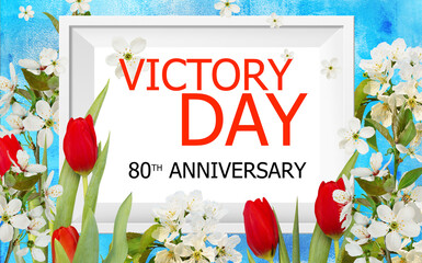 V-E Day 80th Anniversary 8 May logo, greeting card or web banner. Victory in Europe Day banner or poster
