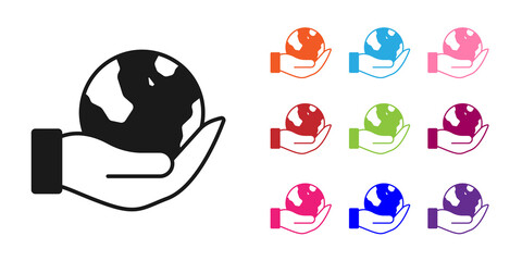 Black Human hand holding Earth globe icon isolated on white background. Save earth concept. Set icons colorful. Vector