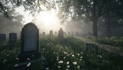 Sunlit Graveyard Path Amongst Tombstones And Flowers