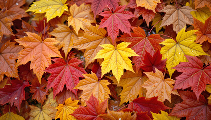 Fototapeta premium Vibrant autumn leaves with raindrops, nature's colorful tapestry