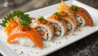 Gourmet Sushi Platter with Seared Fish, Salmon Nigiri, and Garnishes
