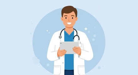 Smiling male doctor with stethoscope and tablet in modern medical illustration