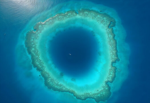 Portrait of Blue Hole. The Great Blue Hole is a large marine sinkhole off the coast. Daylight photography is fictional, nature love and hydro love. Generated via ai