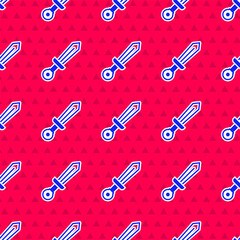 Blue Medieval sword icon isolated seamless pattern on red background. Medieval weapon. Vector