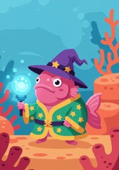 Naklejka premium Whimsical wizard fish holding magic orb in colorful underwater world