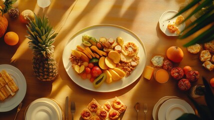 Overhead view of a table laden with tropical fruits, pastries, and sunlight.