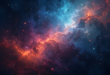 Fototapeta premium Colourful grunge grainy outer space nebula background gradient, blue, orange, red and black noise texture backdrop design wallpaper