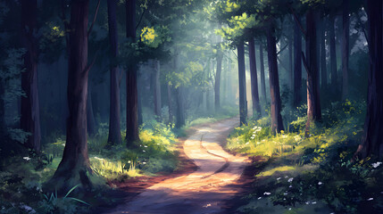 Obraz premium Serene Forest Pathway Through Sunlit Trees in Tranquil Nature Scene