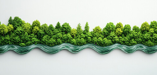 Climate change and pollution to global warming. Lush greenery mimicking a forest landscape with a flowing river design.