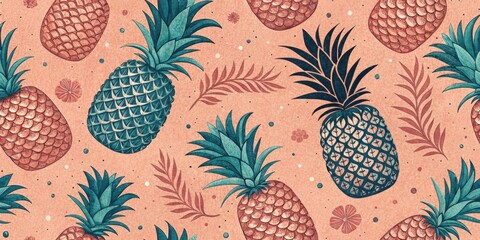 Tropical pineapple pattern with leaves on textured background