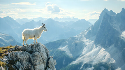 Majestic Mountain Goat Standing on Rock Edge in Scenic Landscape