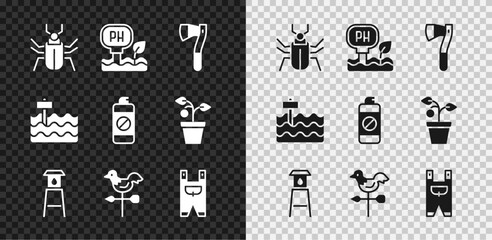 Set Insect fly, Soil ph testing, Wooden axe, Water tower, Rooster weather vane, Garden worker clothes, bed and sprayer for fertilizer icon. Vector