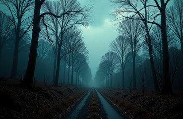 Fototapeta premium Mysterious foggy forest road with bare trees and moody atmosphere