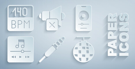 Set Audio jack, Music player, Disco ball, Speaker mute and Bitrate icon. Vector