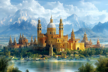 Majestic Golden Castle on Island Lake Surrounded by Snowy Mountains