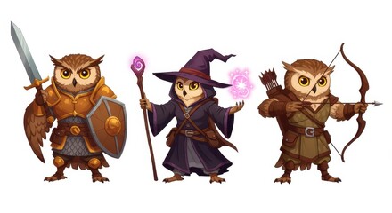 Fototapeta premium Fantasy owl characters: warrior, mage, and archer with magical abilities