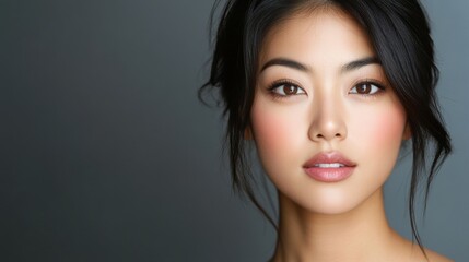 Obraz premium A stunning young Asian woman with flawless makeup, featuring a subtle yet radiant look and a slight smile, set against a smooth gray background.