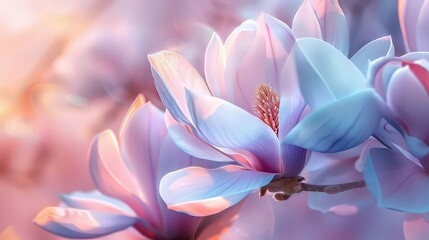 Fototapeta premium Magnolia magical shining light, pink blooming bud. Copy space