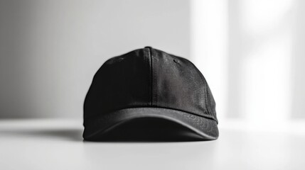 A stylish black cap on a table, isolated against a white background, providing ample space for branding or design elements in a professional setup.