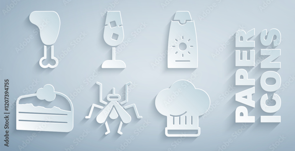 Sticker Set Mosquito, Sunscreen cream in tube, Piece of cake, Chef hat, Wine glass and Chicken leg icon. Vector