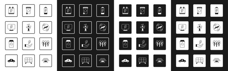 Set Eco nature leaf battery, Wind turbine, Location with, Calendar autumn leaves, Electric saving plug, Recycle, Tree and icon. Vector