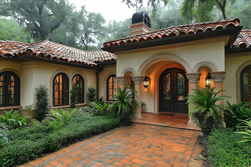 Obraz premium Mediterranean style house with terracotta roof tiles and lush landscaping