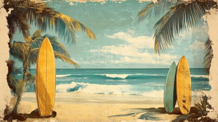 Vintage beach poster with surfboards, waves and a laid-back 1960s California vibe. It represents the sea, relaxation, and travel.